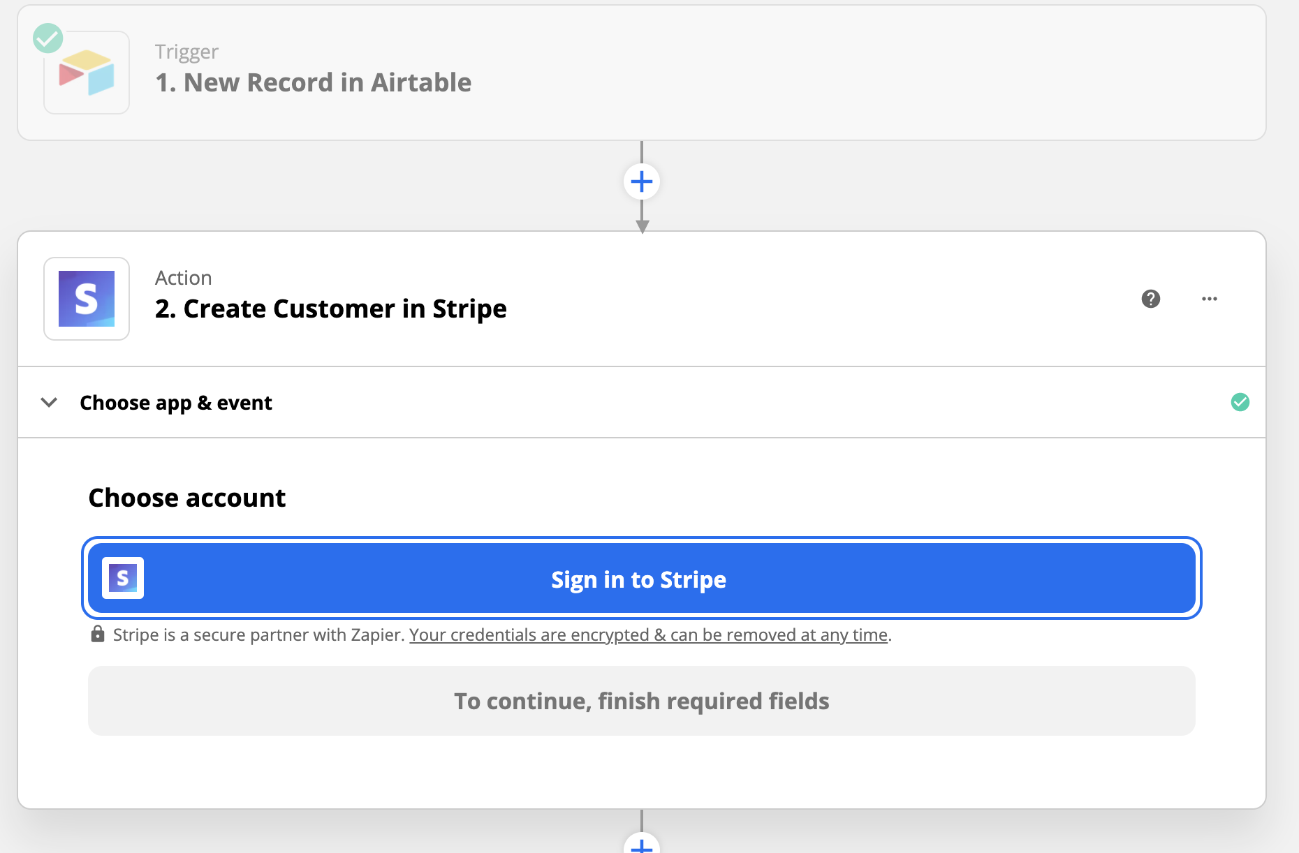 Zapier app UI showing the option to connect a Stripe account
